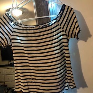 white and black striped off the shoulder shirt